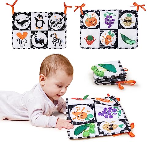 Meribbit Baby Stoffbuch Schwarz Weiß für Babys Weiches Baby Bettumrandung Buch – Lernspielzeug für Neugeborene, Stimulation der visuellen Wahrnehmung, Baby Geschenk ab 0 Monate von Meribbit