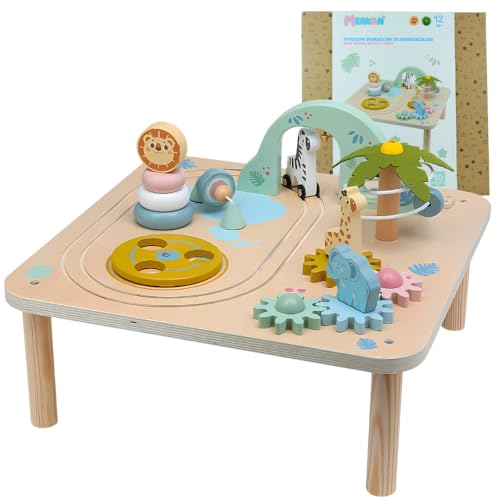MERKAN Holz Schultisch für Kinder mit Eisenbahn und Wurfer für Perlen, Motorikschlaufen, Formsortierer, Motiv - Tiere MERKAN Holz Schultisch für Kinder mit Eisenbahn und Wurfer für Perlen, Motorikschlaufen, Formsortierer, Motiv - Tiere von Merkan