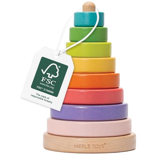 Merle Toys® Stapelturm Baby Holz - 100% FSC-zertifiziertes Holzspielzeug, Montessori Spielzeug, Stapelturm ab 1 Jahr, Stapelspiel ab 1 Jahr, Geschenk Baby mit 8 abgerundeten Stapelringen von Merle Toys