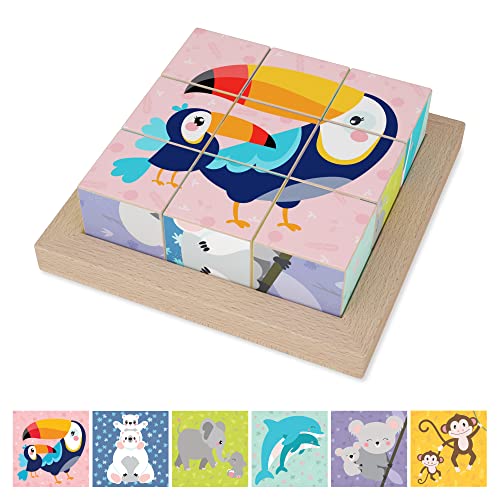 Merle Toys® Bilderwürfel Puzzle aus Holz: Montessori Spielzeug für Kinder ab 2 3 Jahren, Motorikspielzeug, Kinderspielzeug, Holzspielzeug, Holzpuzzle mit 6 Wildtier-Motiven von Merle Toys