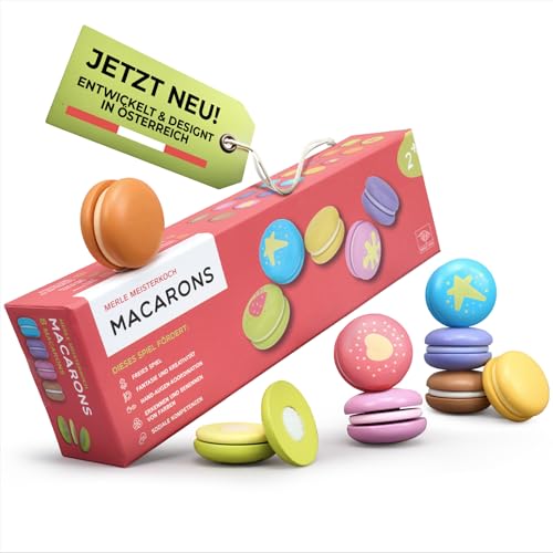 Merle Toys® 8 Bunte Macarons mit Klettverschluss – 3-teilige Holz Kuchen, Kinderküche Zubehör aus Holz, Lebensmittel für Kaufmannsladen Zubehör Holz, Spielzeug Kaufladen für Kinder ab 2 3 4 Jahren von Merle Toys