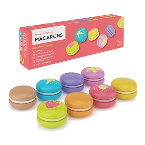 Merle Toys® 8 Bunte Macarons mit Klettverschluss – 3-teilige Holz Kuchen, Kinderküche Zubehör aus Holz, Lebensmittel für Kaufmannsladen Zubehör Holz, Spielzeug Kaufladen für Kinder ab 2 3 4 Jahren von Merle Toys