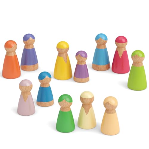 Merle Toys® Regenbogen Holzfiguren Kinder, Waldorf Spielzeug ab 2 Jahren, Waldorfpuppen in 2 Größen, Holzmännchen aus 100% FSC zertifiziertem Holz, Set mit 12 farbenfrohen Aufstellungsfiguren von Merle Toys