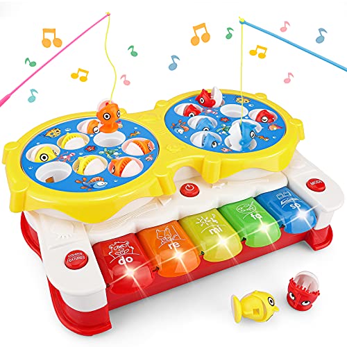 5 in 1 Angelspiel Montessori Spielzeug ab 3 4 5 6 Jahr, Fische Angeln Spiel Musikspielzeug Motorikspielzeug Hammerspiel Geburtstag Geschenk Kinder Junge Mädchen Kleinkind Kinderspiel Interaktiv von Mermoe