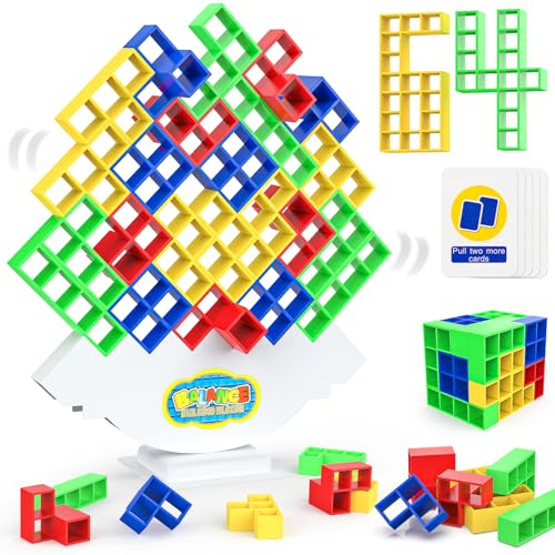 Tetra Tetris Tower Spiel Erwachsene Kinder 64 Teile, Balance Team Tower Spiele Game Stapelspiele Creative Stack Attack Spielzeug Wackelturm Stapelturm, Weihnachts Geburtstag Mädchen Junge Geschenk von Mermoe