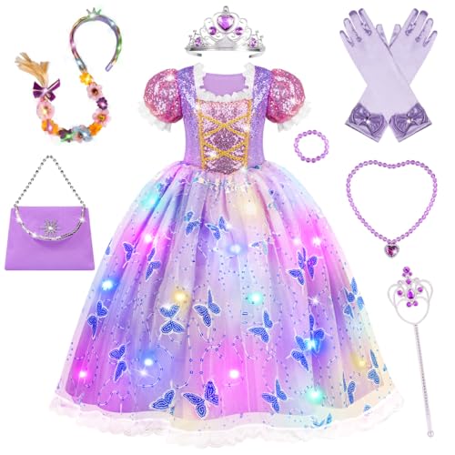 MerryXGift Prinzessin Kleid Mädchen, Lila Prinzessin Kostüm Mädchen mit Krone, Zauberstab, Haarband für 5-6 Jahre Kinder, Faschingskostüme Kinder für Karneval, Halloween, Geburtstag, Hochzeit von MerryXGift