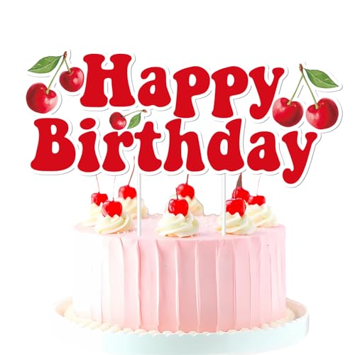 Tortenaufsatz "Happy Birthday" mit Kirsch-Motiv, für Geburtstagsparty, Dekoration mit roten Kirschen, doppelseitiger Druck, süße Früchte, Kuchendekorationen für Mädchen, 1., 2., 3. Geburtstag, Tortenaufsatz "Happy Birthday" mit Kirsch-Motiv, für Geburtstagsparty, Dekoration mit roten Kirschen, doppelseitiger Druck, süße Früchte, Kuchendekorationen für Mädchen, 1., 2., 3. Geburtstag, von Merrystorm