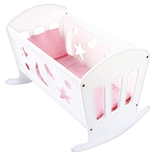 Bino world of toys Puppenwiege mit Bettwäsche, Kinderzimmer Zubehör, Spielzeug für Kinder ab 3 Jahre (weißes Puppenbett inkl. Matratze, Decke & Kissen, seitliche Herz, Mond & Stern Ausschnitte), Weiß, Klein Bino world of toys Puppenwiege mit Bettwäsche, Kinderzimmer Zubehör, Spielzeug für Kinder ab 3 Jahre (weißes Puppenbett inkl. Matratze, Decke & Kissen, seitliche Herz, Mond & Stern Ausschnitte), Weiß, Klein von Bino world of toys