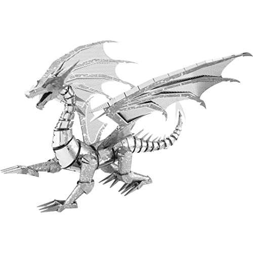 Fascinations ICX023 Metal Earth Metallbausätze - Fantasy Silber Drache Silver Dragon, lasergeschnittener 3D-Konstruktionsbausatz, 3D Metall Puzzle, DIY Modellbausatz mit 3 Metallplatinen, ab 14 Jahre von Metal Earth