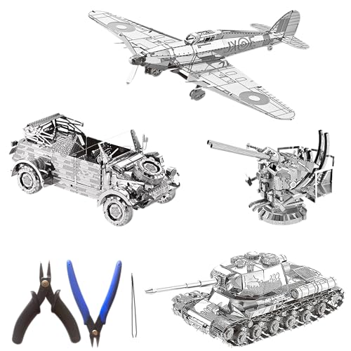 Metal Zone Kampfset des Zweiten Weltkriegs, 3D-Puzzle aus Metall, Panzer, Luftschutz, Wagen und Kampfflugzeug, 3D-Metallpuzzle, Kampffahrzeuge, 4 Stück + Werkzeugset von Metal zone