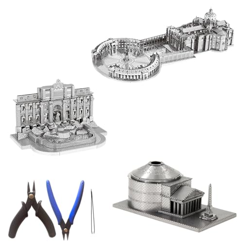 Metal Zone Set Roma Tour 3D-Puzzle aus Metall, Rom, 3D-Puzzle, Vatikan, Fontana di Trevi und Pantheon von Agripa, 3D-Architektur-Metallpuzzle, 3-teiliges 3D-Puzzle aus Metall + Werkzeugset von Metal zone