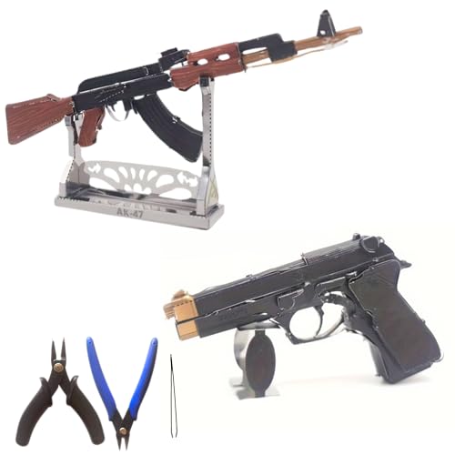 Metal Zone Set mit farbigen Waffen, 3D-Puzzle aus Metall, Packung mit Beretta 92 und AK47, 3D-Metallpuzzle für Erwachsene, 2 Stück, 3D-Metallpuzzle für Erwachsene + Werkzeugset im Lieferumfang von Metal zone