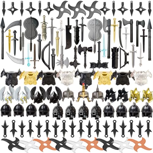 Metalakaer Weapon Pack Zubehör Kit, Mittelalterliche Ritter Minifiguren Waffen Set enthalten Helme Rüstung Schild Waffe Umhänge Barding Kompatibel mit großen Marken (100PCS) von Metalakaer