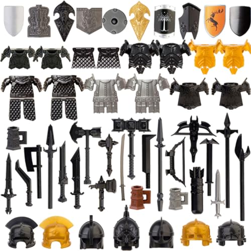 Metalakaer Weapon Pack Zubehör Kit, Mittelalterliche Ritter Minifiguren Waffen Set enthalten Helme Rüstung Schild Waffe Umhänge Barding Kompatibel mit großen Marken (58PCS) von Metalakaer