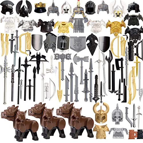 Metalakaer Weapon Pack Zubehör Kit, Mittelalterliche Ritter Minifiguren Waffen Set enthalten Helme Rüstung Schild Waffe Umhänge Barding Kompatibel mit großen Marken (78PCS) von Metalakaer