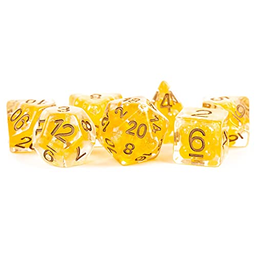 Citrin-Perlen-Harzwürfel mit kupferfarbenen Zahlen, 16 mm, 7-teiliges Würfel-Set von Metallic Dice Games