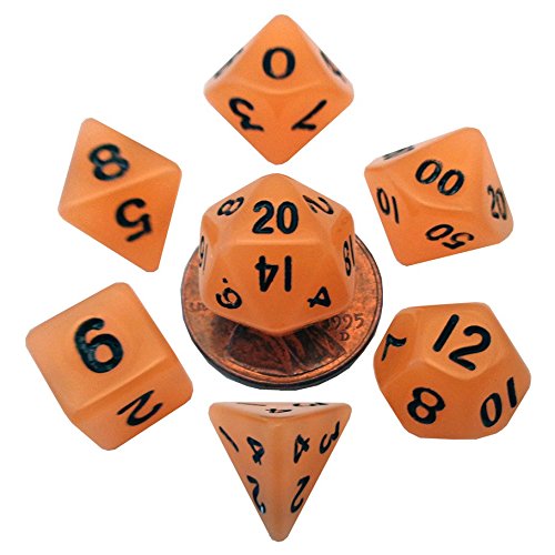 Metallic Dice Games LIC4304 Metallic-Mini-Würfel, 10 mm, leuchtendes Orange mit schwarzen Zahlen, 7 Stück von Metallic Dice Games