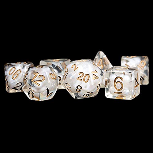 Transparente Perlen-Harzwürfel mit kupferfarbenen Zahlen, 16 mm, 7-teiliges Würfel-Set von Metallic Dice Games