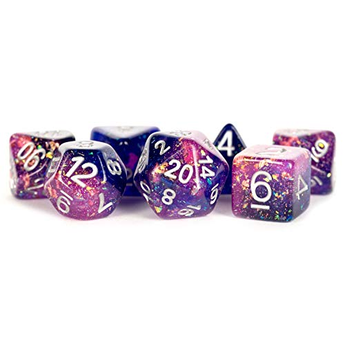 Violettes und blaues ewiges Harz mit weißen Zahlen, 16 mm, 7-teiliges Würfel-Set. Metallic Dice Games von Metallic Dice Games