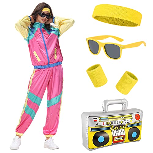 80er Jahre Outfit Herren Damen, Trainingsanzug 70er 80er Jacke Hose Anzug, 80er Jahre Kostüm mit Stirnband Armbänder Brille Paare, Retro Style Jogginganzug Bad Taste Outfit Karneval (Rosa, XL) von Metaparty