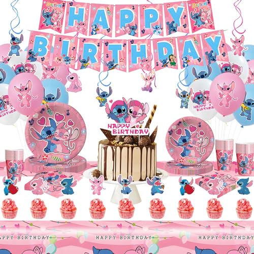 Metaparty 101 Stück Stitch Geburtstag Dekoration, Stitch, Geschirr, Party, Lilo Stitch Ballon Helium, Stitc Kuchen Deko Tischdecke Banner Luftballons Geburtstag Mädchen Dekoration (Stitch Set3) von Metaparty