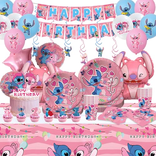 Metaparty 106 Stück Stitch Geburtstag Dekoration, Stitch Geschirr, Party, Lilo Stitch Ballon Helium, Stitc Kuchen Deko Tischdecke Banner Luftballons Geburtstag Mädchen Dekoration (Stitch Set 1) von Metaparty