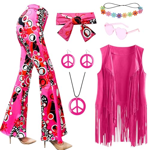 Metaparty 6 Stück 60er 70er Jahre Hippie Kostüm Disco Outfits Fransenweste Boho Schlaghosen (XXL) von Metaparty