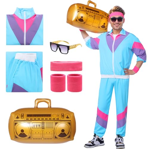 Metaparty 80er 90er Jahre Outfit Herren und Damen,80er Jahre Trainingsanzug Jacke 80er Jahre Kleidung Herren,Retro Jogginganzug,80er 90er Kostüm mit Accessoire Blau,L von Metaparty