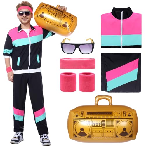 Metaparty 80er 90er Jahre Outfit Herren und Damen,80er Jahre Trainingsanzug Jacke 80er Jahre Kleidung Herren,Retro Jogginganzug,80er 90er Kostüm mit Accessoire Rosa,M von Metaparty