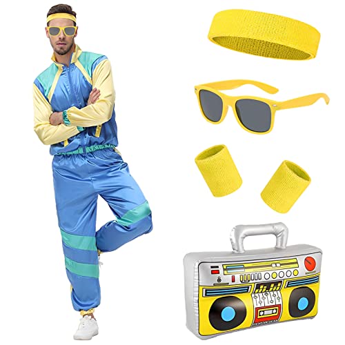 Metaparty 80er Jahre Outfit Herren Damen, Trainingsanzug 70er 80er Jacke Hose Anzug, 80er Jahre Kostüm mit Stirnband Armbänder Brille Paare, Retro Style Jogginganzug Bad Taste Outfit Karneval von Metaparty