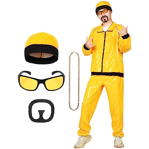 Metaparty 90er Jahre Herren Rapper Kostüm Muschelanzug + Hut+ Sonnenbrille + Goldkette + Schwarzer Ziegenbart (Gelb, XL) von Metaparty