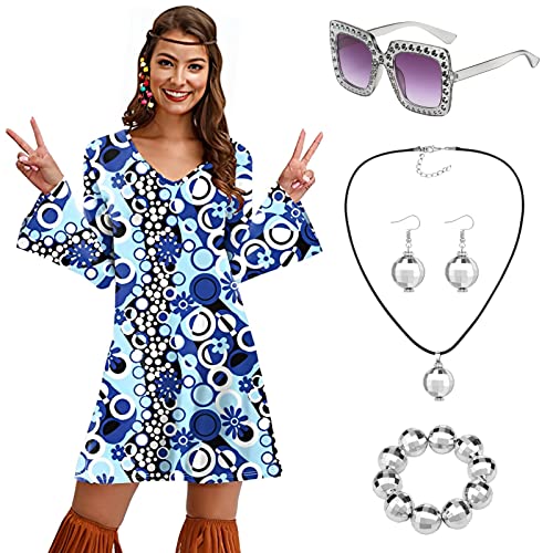 Metaparty Hippie Kostüm Damen Set 60er 70er Hippie Kleidung Frauen Disco Outfit Kostüm 70er Mode Mädchen Faschingskostüme mit Brille, Halskette, Ohrringen, Armbandfür Karneval Party Blau,XL von Metaparty