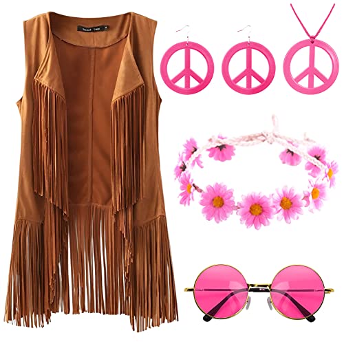 Metaparty Hippie Kostüm Damen Set Fransen ärmellos Weste Hippie Kleidung Damen 60er 70er Jahre Bekleidung Damen Disco Outfit Braun Fransenweste Damen Hippie Bolero Karneval Faschingskostüme Rosa,XL von Metaparty