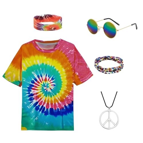 Hippie-Kostüm für Herren Damen Buntes T-Shirt mit Sonnenbrille Peace Halskette Anhänger Batik Stirnband, Armbänder für Halloween Fasching Karneval Mottoparty(GELB, L) von Metaparty