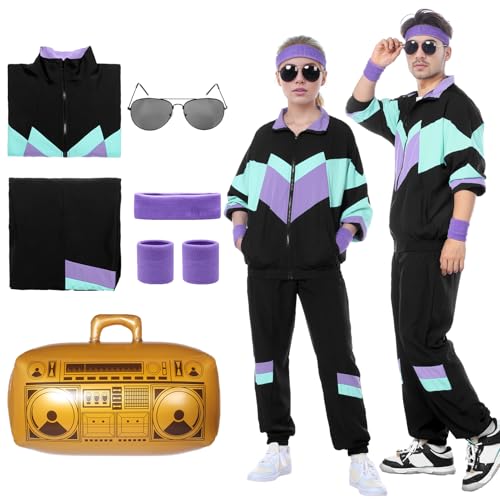 Metaparty Kostüm 80er Jahre Trainingsanzug, Kostüm 80er Jahre Herren Damen, Jacke, Hose, Stirnband, Handgelenkschutz, aufblasbares Radio und Brille für Karneval (Schwarz 02, L) von Metaparty