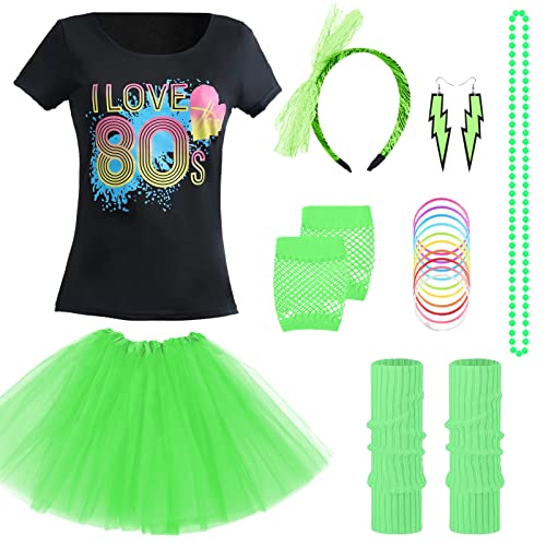 Metaparty Mottoparty 80er 90er Jahre Kostüm 8-teiliges Set T-Shirt, Tutu,80er Jahre Kleidung Kostüm Damen 80er Jahre Frauen Karneval Ankleiden Satz (Grün1,XL von Metaparty