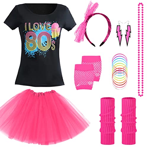 Metaparty Mottoparty 80er 90er Jahre Kostüm 8-teiliges Set T-Shirt, Tutu,80er Jahre Kleidung Kostüm Damen 80er Jahre Frauen Karneval Ankleiden Satz von Metaparty