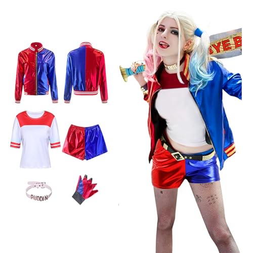 Metaparty Quinn Cosplay Kostüme Kinder Damen Halloween Kostüm Cosplay Kostüm Kit enthalten Handschuhe Jacke T-shirt Shorts Halskette für Karneval Cosplay Erwachsene, L von Metaparty