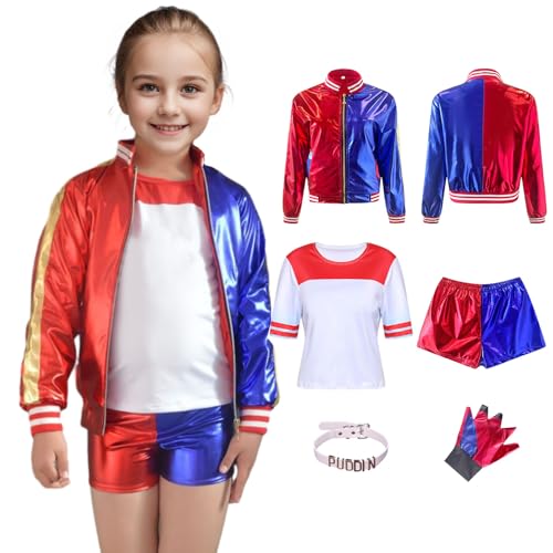 Metaparty Quinn Cosplay Kostüme Kinder Damen Halloween Kostüm Cosplay Kostüm Kit enthalten Handschuhe Jacke T-shirt Shorts Halskette für Karneval Cosplay Kind, 110 von Metaparty