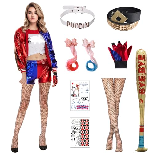 Metaparty Quinn Cosplay Kostüme Kinder Damen Halloween Kostüm Superheld Cosplay Kostüm Kit enthalten Handschuhe Jacke T-shirt Shorts Halskette für Karneval Cosplay Erwachsene, S von Metaparty