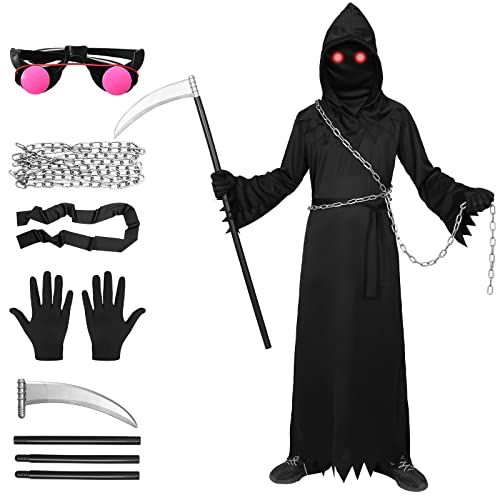 Sensenmann Kostüm Herren Erwachsener Kinder Glühende Augen Leuchtend für Gruselige Phantom Halloween Dress Up Party Cosplay Set mit Brille Sense Kette Gürtel,160-175 von Metaparty