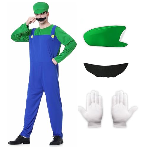 Metaparty Super Klempner Kostüm Set Super Brüder Cosplay Outfit mit Hut, Bart und Handschuhe Kostüm Erwachsene Kinder Jumpsuit Halloween Karneval Kostüm Set Erwachsener Grün,L von Metaparty