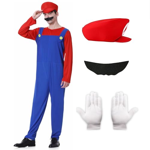 Metaparty Super Klempner Kostüm Set Super Brüder Cosplay Outfit mit Hut, Bart und Handschuhe Kostüm Erwachsene Kinder Jumpsuit Halloween Karneval Kostüm Set Erwachsener Rot,L von Metaparty