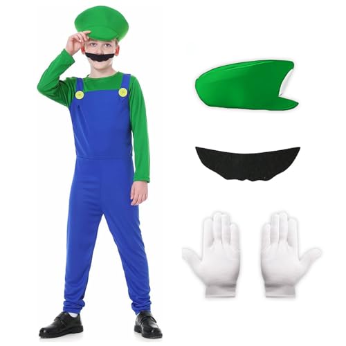 Metaparty Super Klempner Kostüm Set Super Brüder Cosplay Outfit mit Hut, Bart und Handschuhe Kostüm Erwachsene Kinder Jumpsuit Halloween Karneval Kostüm Set Kind Grün,L von Metaparty