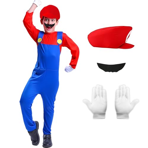 Metaparty Super Klempner Kostüm Set Super Brüder Cosplay Outfit mit Hut, Bart und Handschuhe Kostüm Erwachsene Kinder Jumpsuit Halloween Karneval Kostüm Set Kind Rot,L von Metaparty