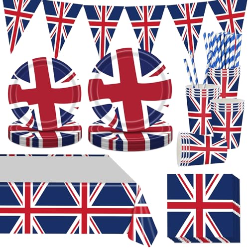 Metaparty Union-Jack-Geschirr-Set, Union-Jack-Ballons, Partyteller, Dekorationen, Union Jack-Teller, Tasse, Tischdecke, Ballon, Banner für Feiertag, VE-Tag und andere britische Feiern (C) von Metaparty