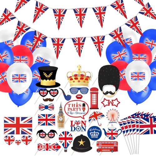 Metaparty Union-Jack-Party-Dekorationen, Foto-Requisiten, Union-Jack-Brille, Party-Ballon-Banner, tolle britische Party-Requisiten, Selfie-Requisiten für britische Feiern, Ve-Day, Britain-Kostüm von Metaparty