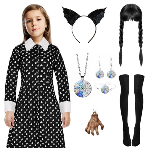 Metaparty Wednesday Kleid für Kinder Erwachsene Mittwoch Kostüm Mädchenkleid Damen Wednesday Kleider Schwarz Gepunktetes Kleid für Cosplay Karneval,130 von Metaparty