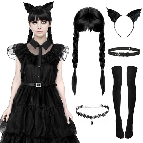 Metaparty Wednesday Kostüm Damen Wednesday Kleid Erwachsenen Gothic Halloween Schwarz Kleid mit Vielfältigem Zubehör für Cosplay Halloween Party Outfit,L von Metaparty