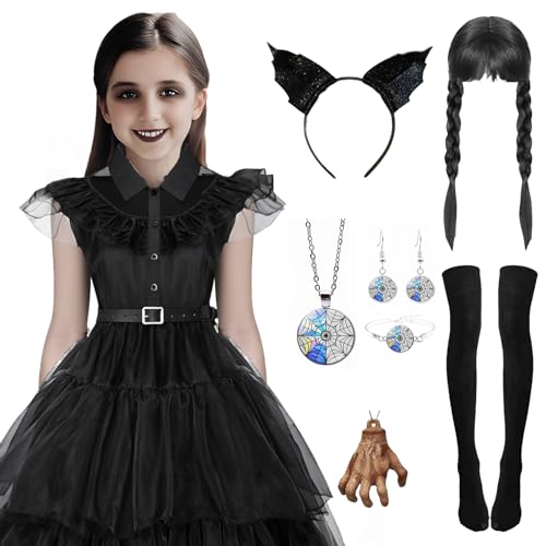 Metaparty Wednesday Kostüm Kinder Mädchen Wednesday Kleid Gothic Halloween Schwarz Kleid mit Vielfältigem Zubehör für Cosplay Karneval Party,120 von Metaparty